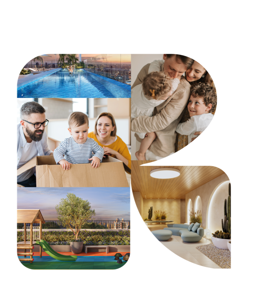 Mosaico de imagens: piscina com vista para Goiânia, família em casa, playground e lounge dos empreendimentos Reserva Partini